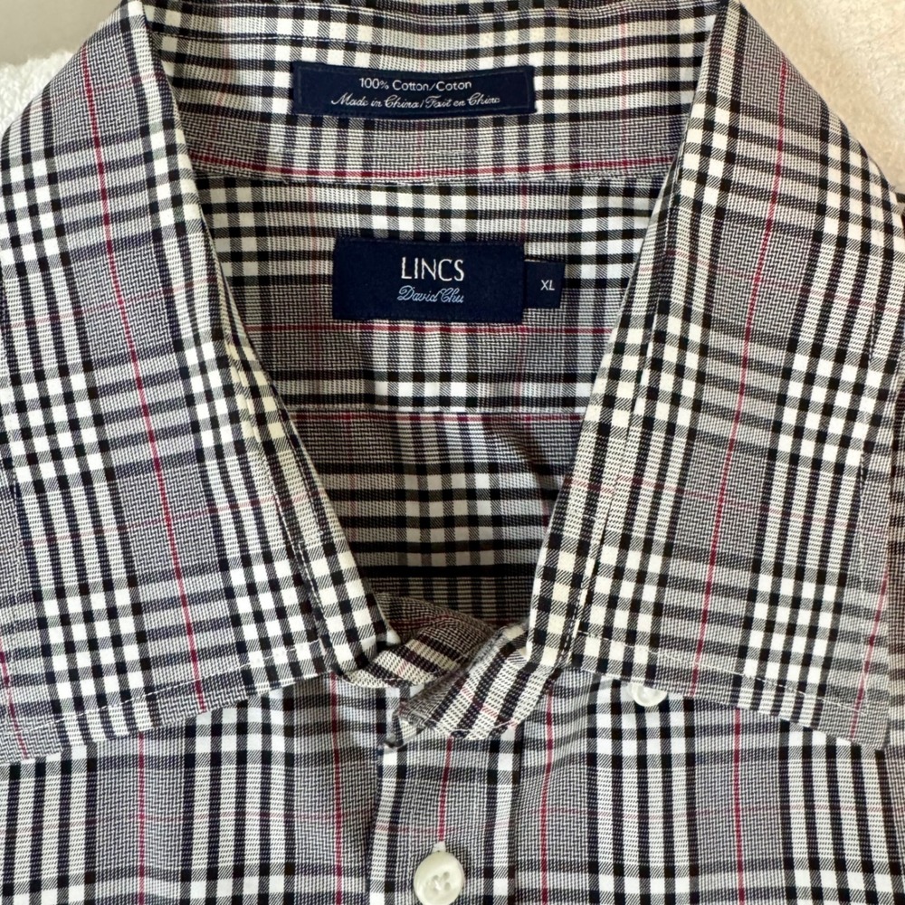 Lincs David Chu‎ Mens XL Plaid Button Down Shirt Black White Red 100% Cotton LS